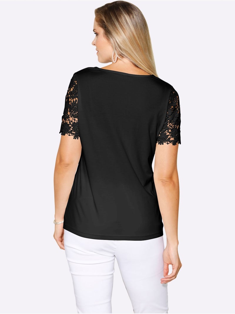 T-shirt En Dentelle Dentelle Aux Manches - Taille Standard - Moda Vilona Noir - Kiabi