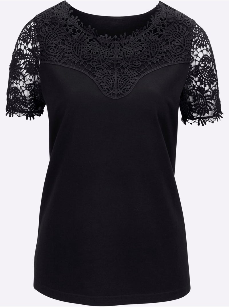 T-shirt En Dentelle Dentelle Aux Manches - Taille Standard - Moda Vilona Noir - Kiabi