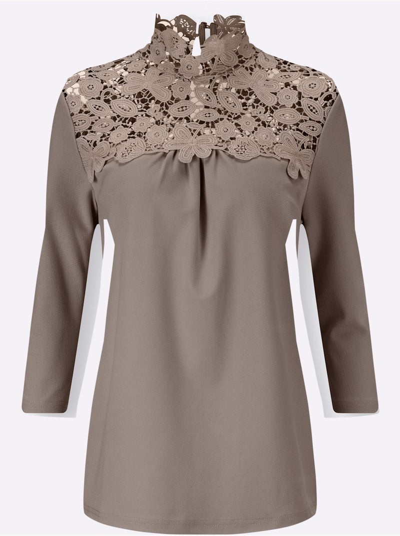 T-shirt en dentelle dentelle florale brodée - taille standard - witt Gris taupe - Kiabi