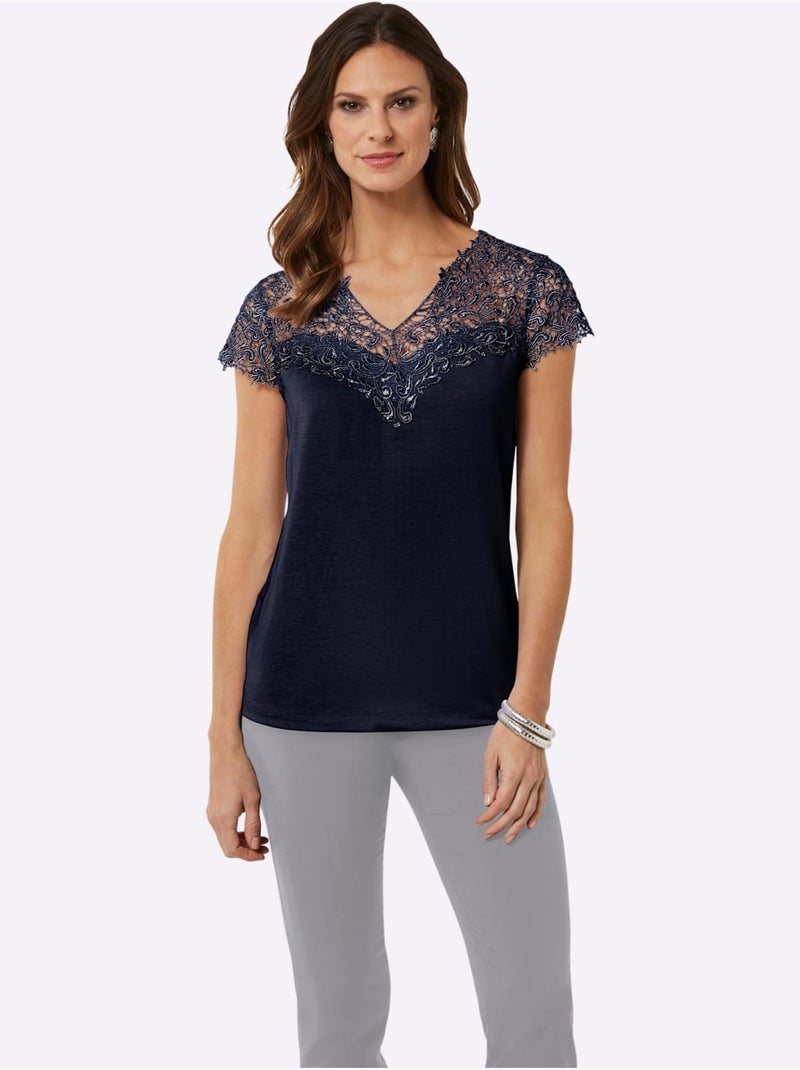 T-shirt En Dentelle Empiècement En Dentelle - Taille Standard - Witt Bleu marine - Kiabi