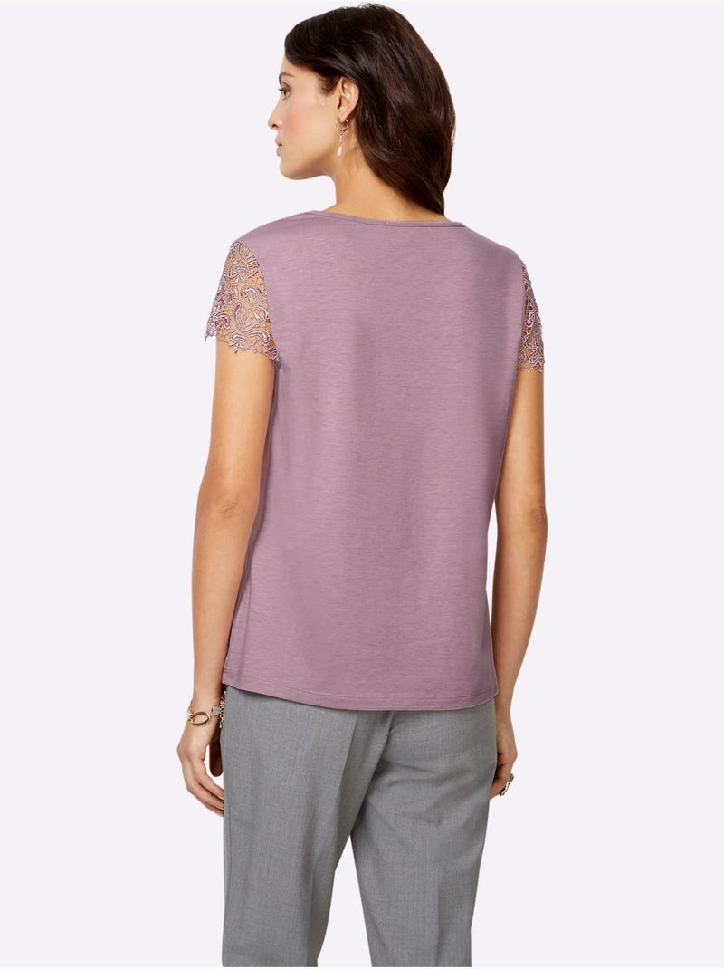 T-shirt En Dentelle Empiècement En Dentelle - Taille Standard - Witt Mauve - Kiabi