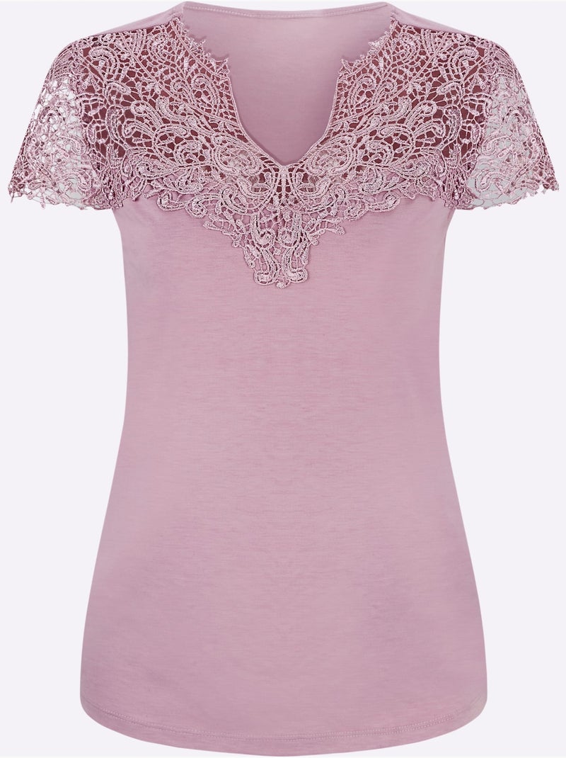T-shirt En Dentelle Empiècement En Dentelle - Taille Standard - Witt Mauve - Kiabi