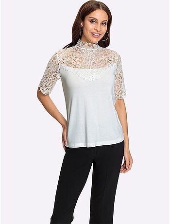 T shirt en dentelle florale à col montant et manches courtes - Taille standard - Witt