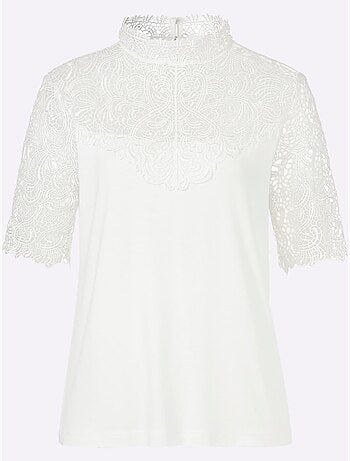 T shirt en dentelle florale à col montant et manches courtes - Taille standard - Witt
