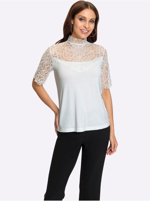 T shirt en dentelle florale à col montant et manches courtes - Taille standard - Witt - Kiabi
