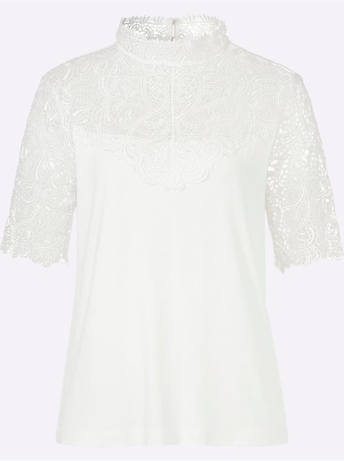 T shirt en dentelle florale à col montant et manches courtes - Taille standard - Witt - Kiabi