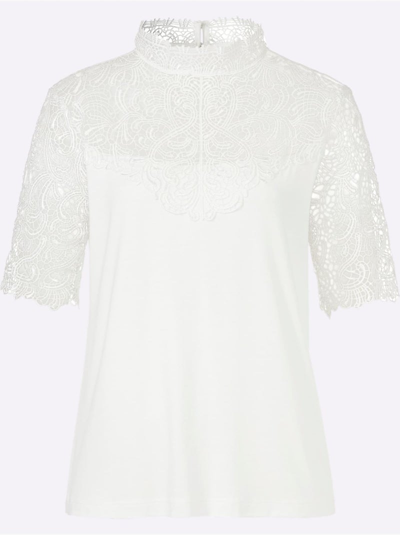 T shirt en dentelle florale à col montant et manches courtes - Taille standard - Witt Ecru - Kiabi