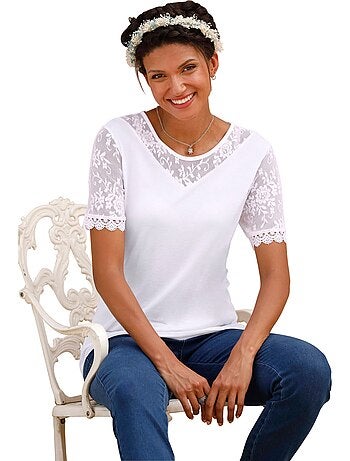 T-shirt En Dentelle Manches Avec Dentelle Transparente - Taille Standard - Moda Vilona