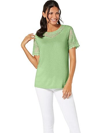 T-shirt En Dentelle Manches Avec Dentelle Transparente - Taille Standard - Moda Vilona