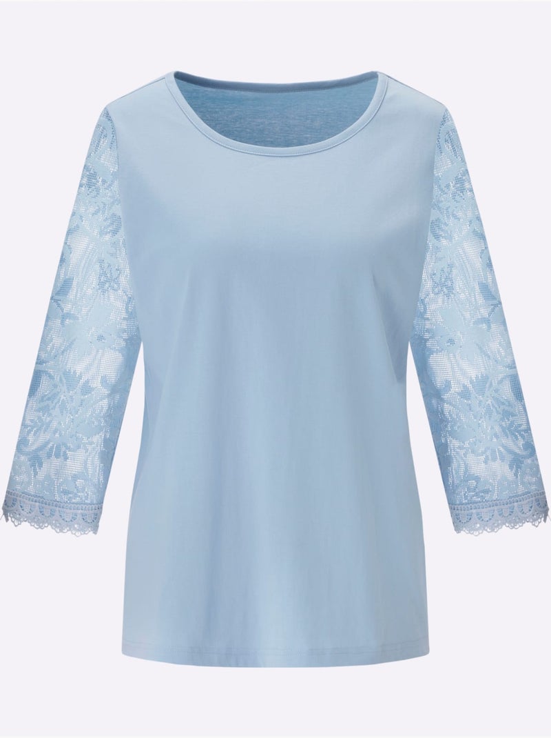 T-shirt En Dentelle Manches En Dentelle - Taille Standard - Moda Vilona Bleu clair - Kiabi