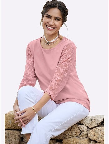 T-shirt En Dentelle Manches En Dentelle - Taille Standard - Moda Vilona