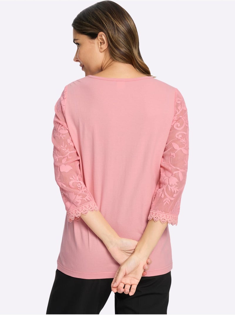 T-shirt En Dentelle Manches En Dentelle - Taille Standard - Moda Vilona Rose - Kiabi