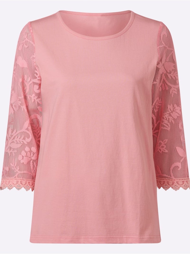 T-shirt En Dentelle Manches En Dentelle - Taille Standard - Moda Vilona Rose - Kiabi
