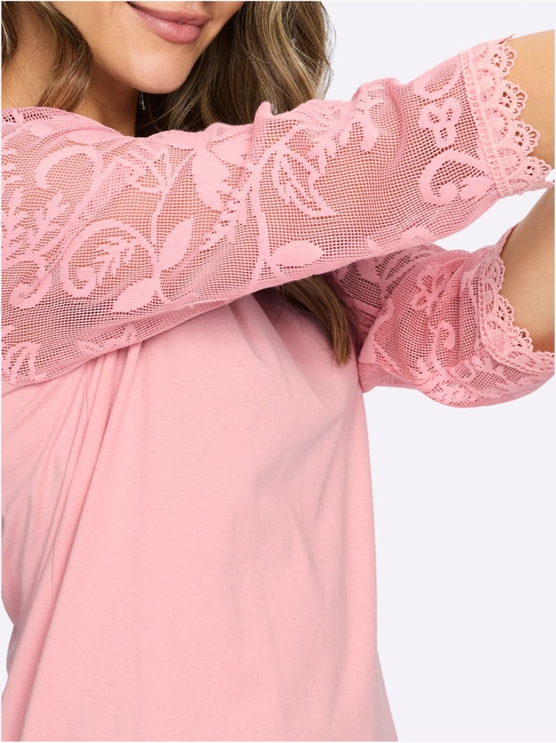 T-shirt En Dentelle Manches En Dentelle - Taille Standard - Moda Vilona Rose - Kiabi