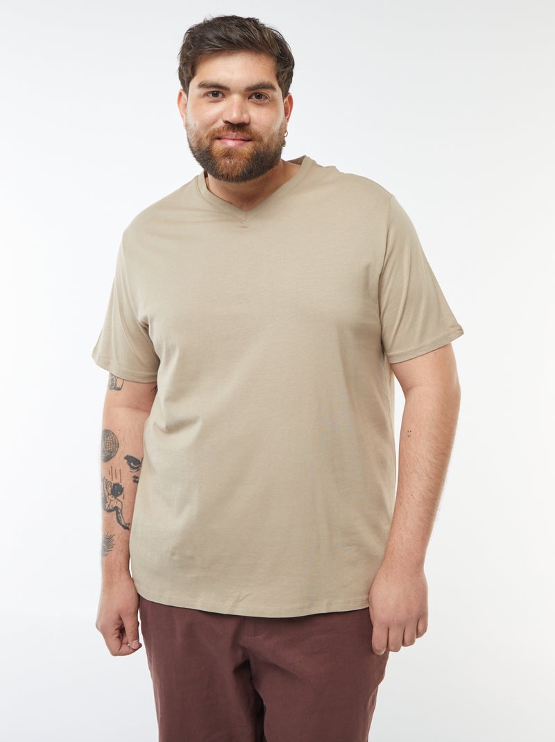 T-shirt en jersey à col V Beige - Kiabi