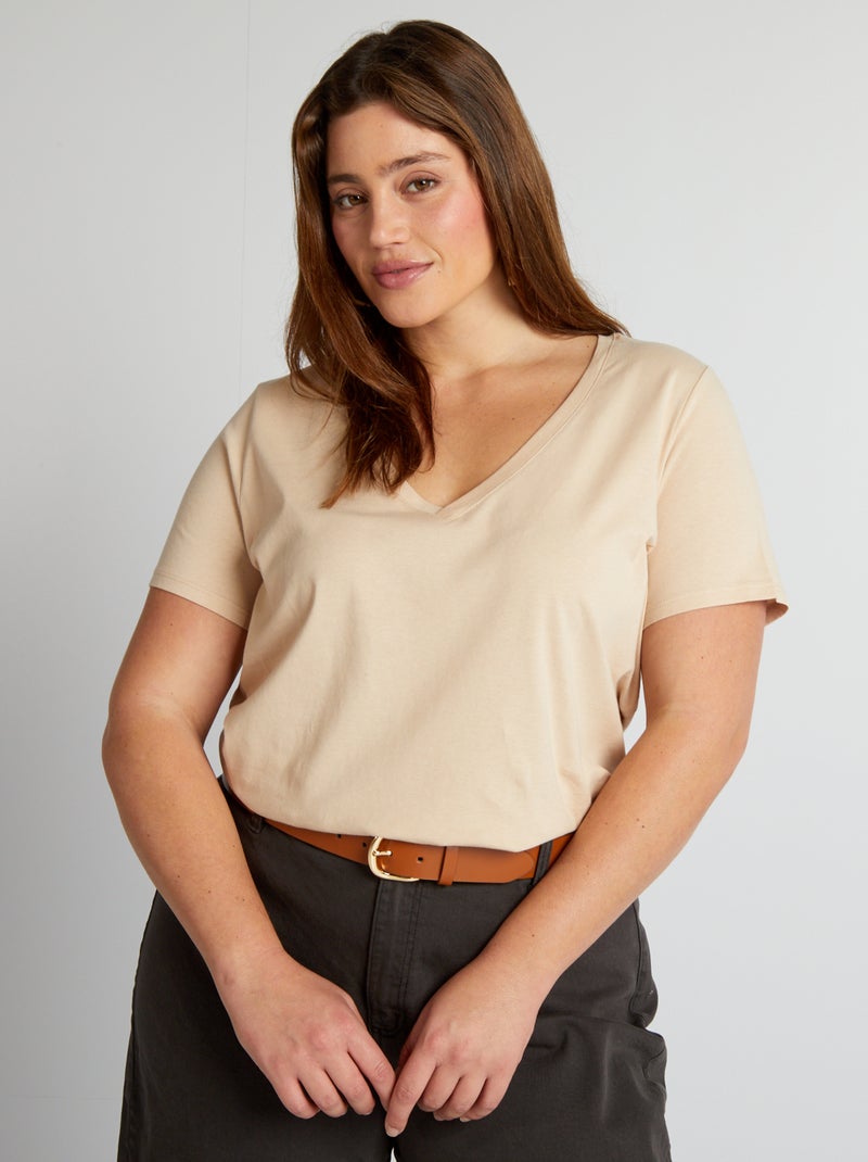 T-shirt en jersey à col V Beige - Kiabi