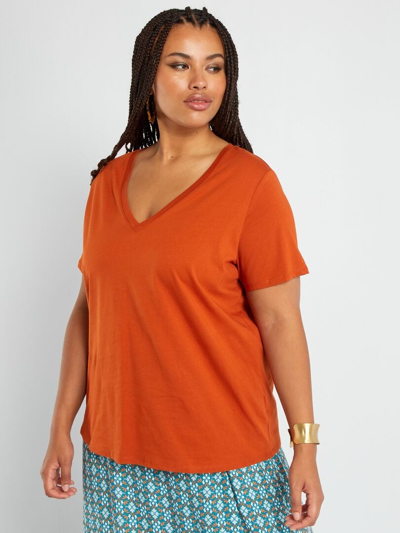 T-shirt en jersey à col V Orange - Kiabi