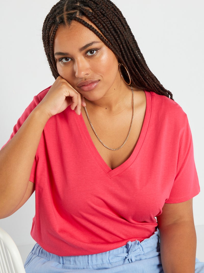T-shirt en jersey à col V Rose - Kiabi