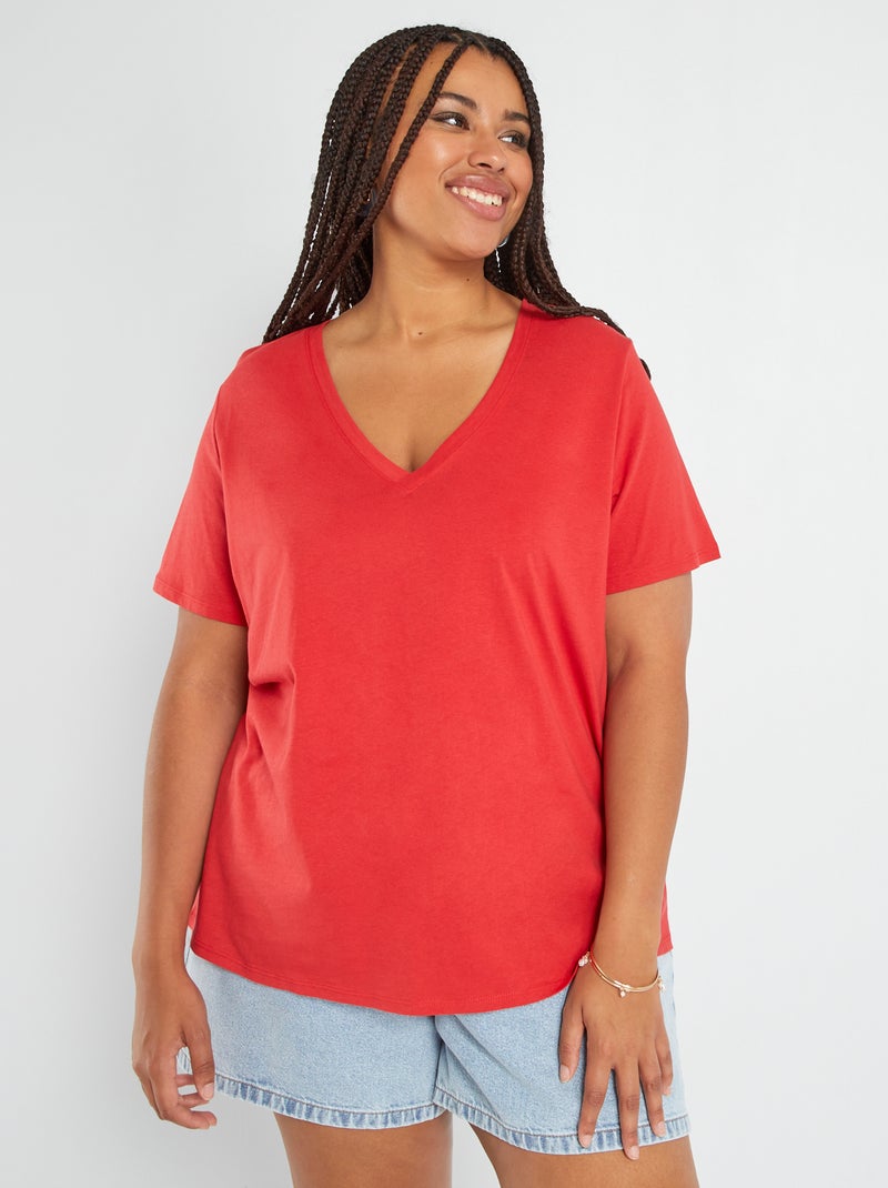 T-shirt en jersey à col V Rouge - Kiabi