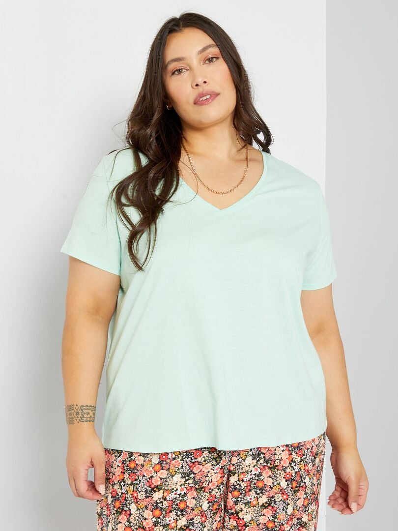 T-shirt en jersey à col V vert - Kiabi