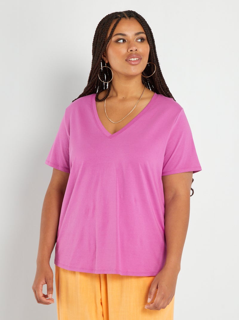 T-shirt en jersey à col V Violet - Kiabi