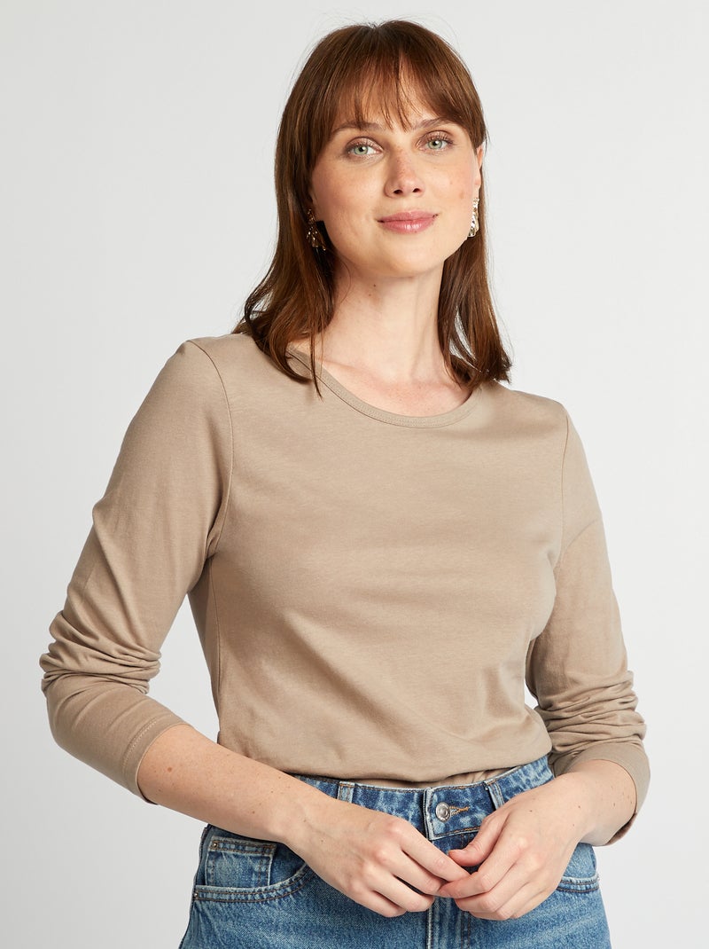 T-shirt en jersey à manches longues Beige - Kiabi