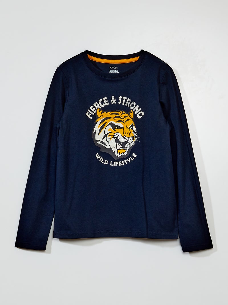 T-shirt en jersey à manches longues Bleu marine 'tigre' - Kiabi