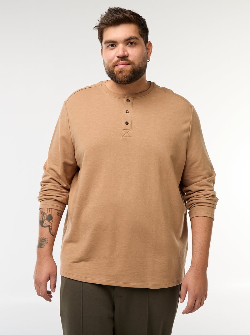 T-shirt en jersey à manches longues et col tunisien Beige - Kiabi