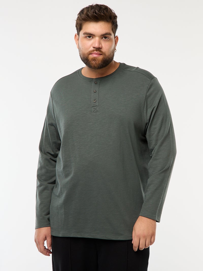 T-shirt en jersey à manches longues et col tunisien Kaki - Kiabi