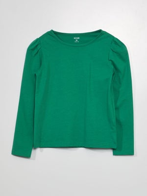 T-shirt Manches Longues Fille - Col Rond, Manches Bouffantes, Coupe Ample - Taille 5 à 14 Ans - Coloris Unis
