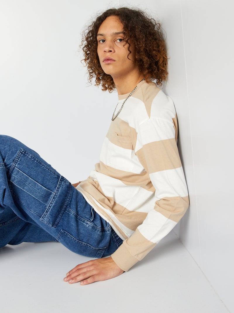 T-shirt en jersey à rayures Blanc/beige - Kiabi