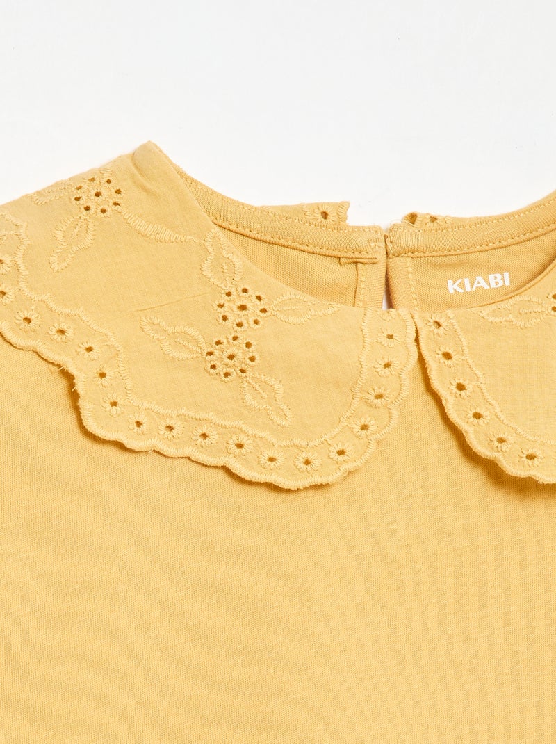 T-shirt en jersey avec col Claudine avec broderies anglaises Jaune moutarde - Kiabi