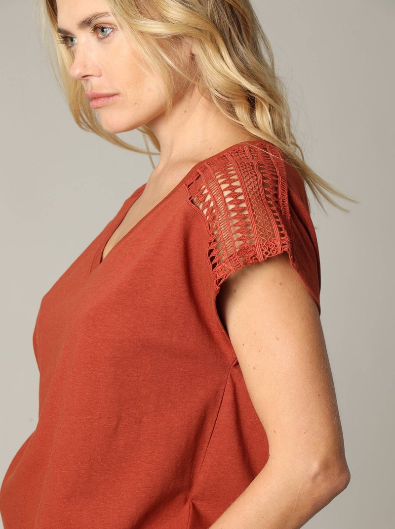 T-shirt en jersey avec dentelle sur les épaules 'Deeluxe' Saumon - Kiabi