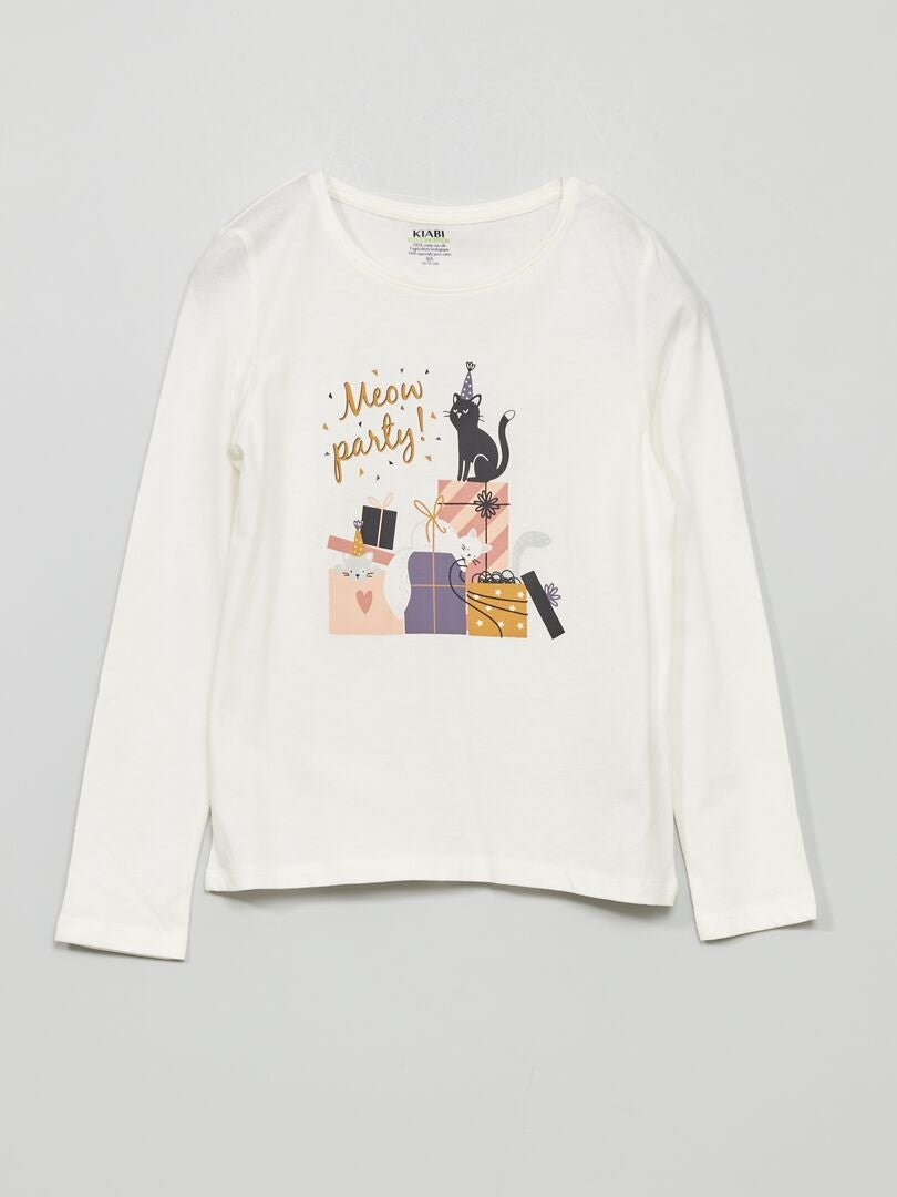 T-shirt en jersey avec imprimé blanc 'chat' - Kiabi