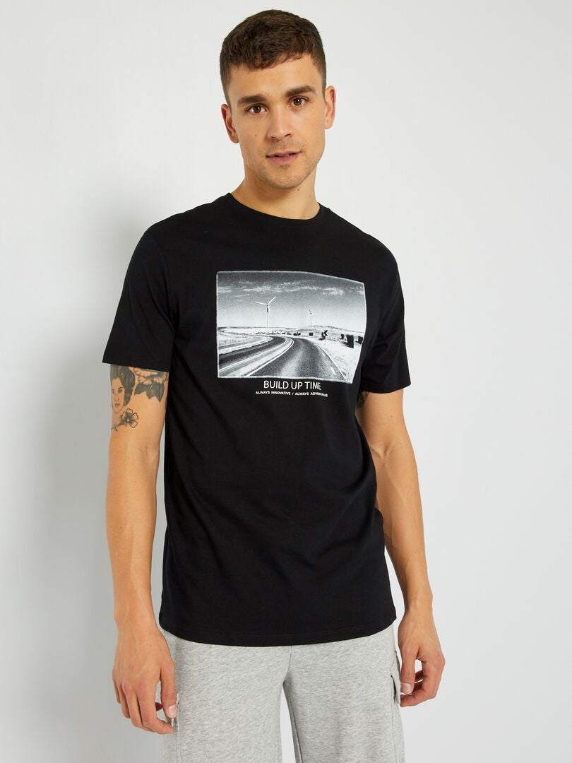 T-shirt en jersey avec imprimé Noir 'éolienne' - Kiabi
