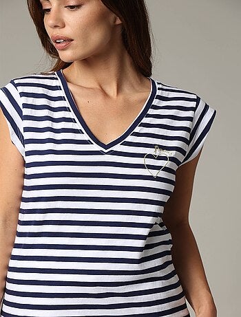 T-shirt en jersey de coton avec broderie cœur et rayures 'Deeluxe'