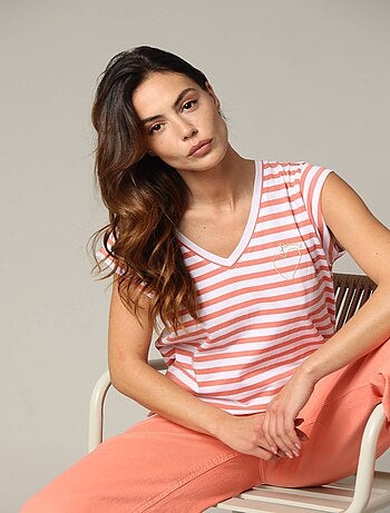 T-shirt en jersey de coton avec broderie cœur et rayures 'Deeluxe'
