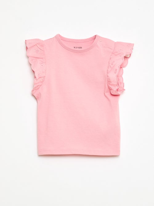 T-shirt en jersey de coton avec manches courtes en broderie anglaise - Kiabi