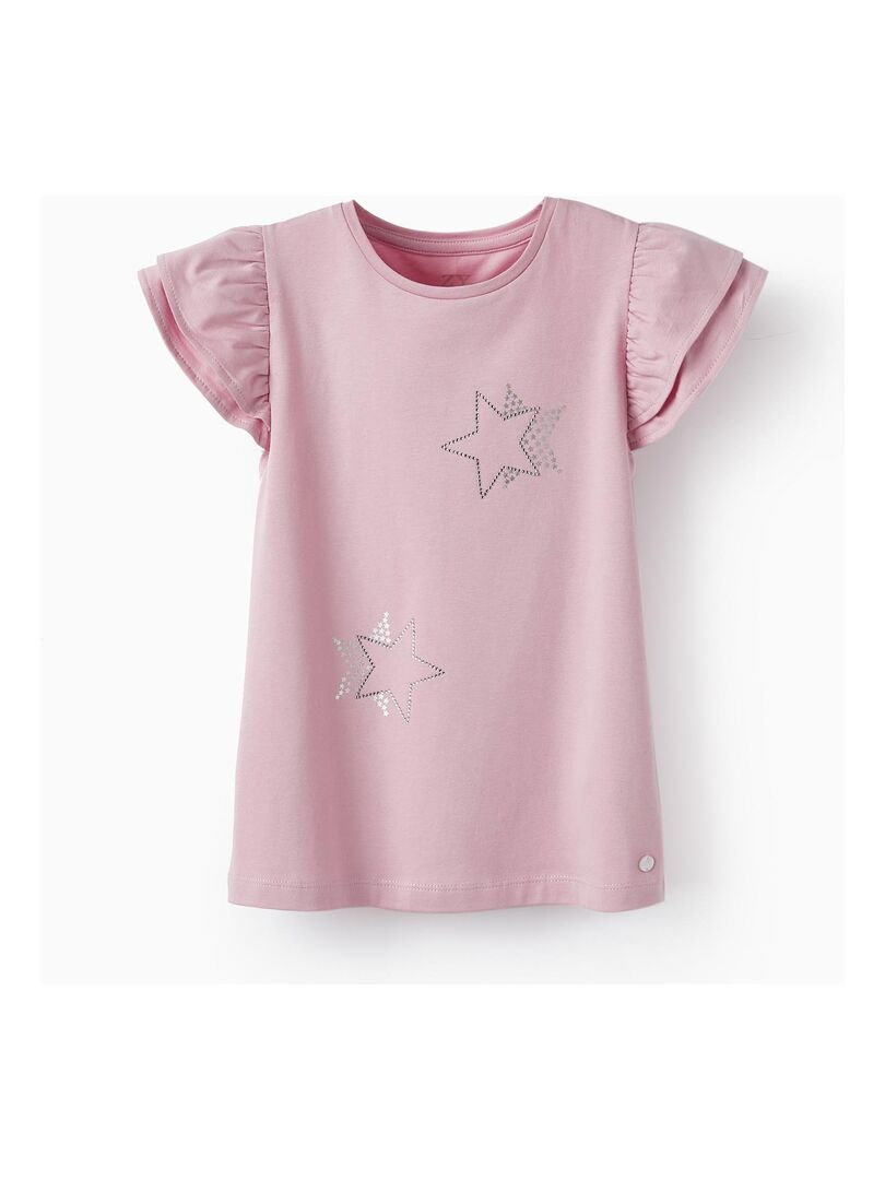 T-shirt en jersey de coton avec volants et brillants pour fille manches courtes CÉRÉMONIE Rose clair - Kiabi