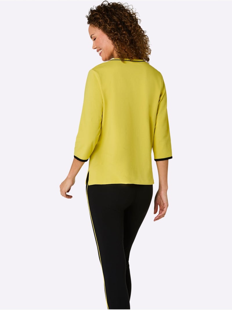 T-shirt en jersey fin à col rond et manches 3/4 avec broderie feel good - Taille standard - Witt Jaune/Vert - Kiabi