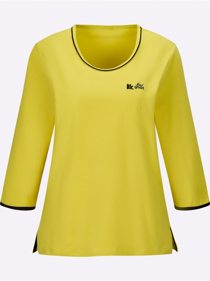 T-shirt en jersey fin à col rond et manches 3/4 avec broderie feel good - Taille standard - Witt Jaune/Vert - Kiabi