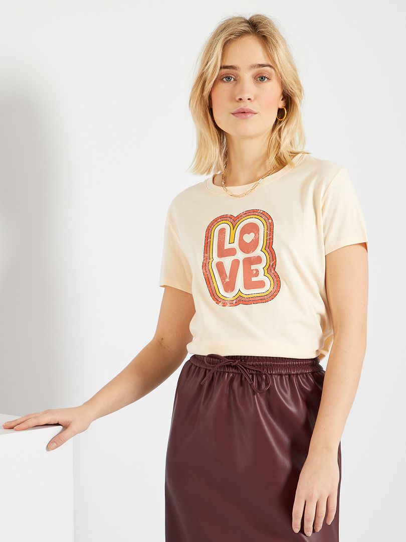 T-shirt en jersey imprimé Beige 'love' - Kiabi