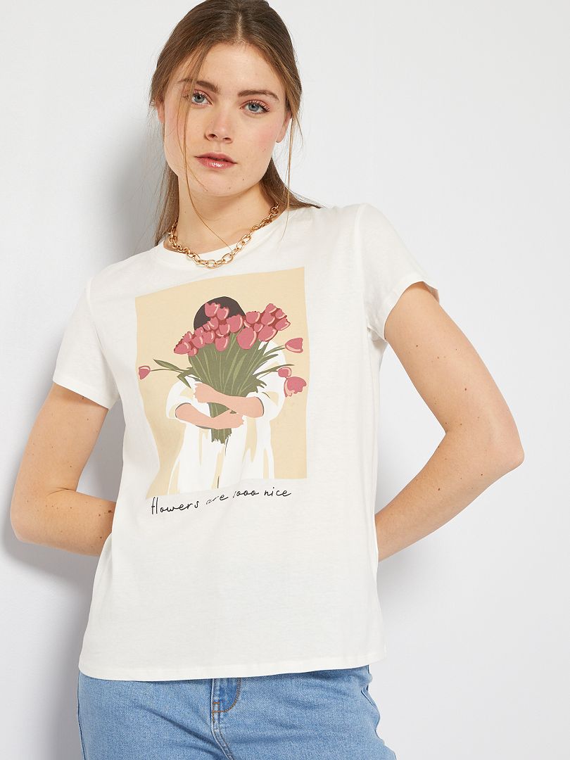 T-shirt en jersey imprimé Blanc 'fleurs' - Kiabi