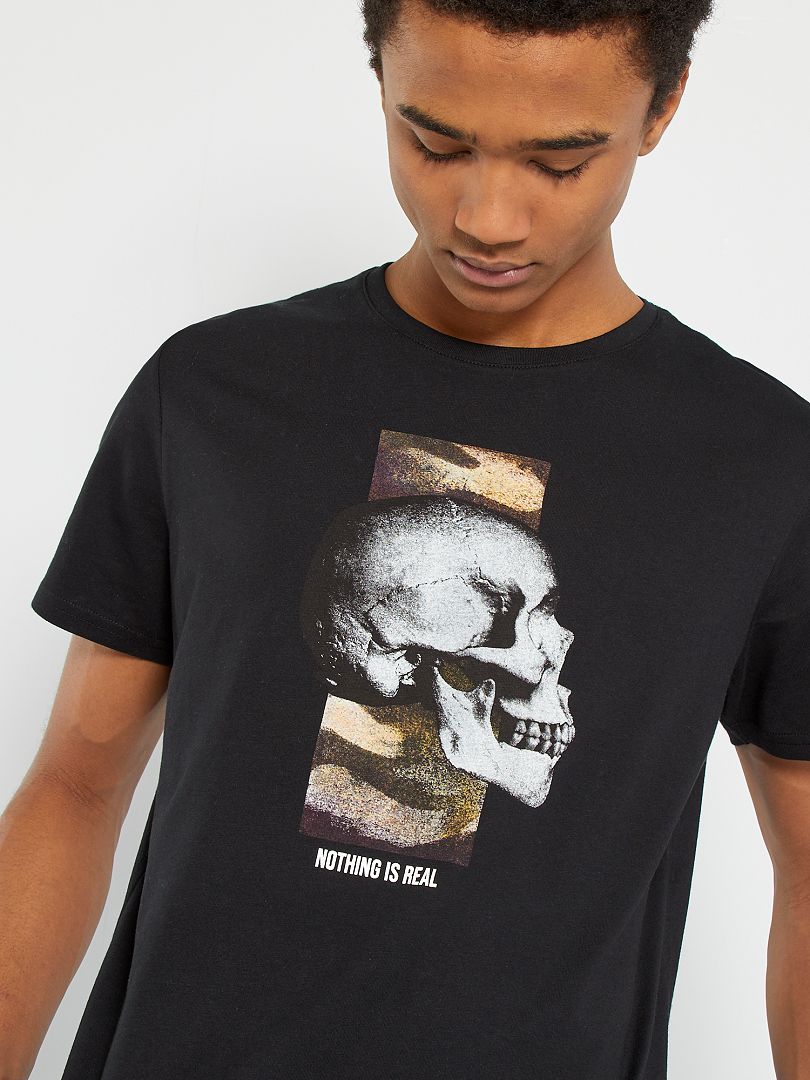 T-shirt en jersey imprimé noir skull - Kiabi