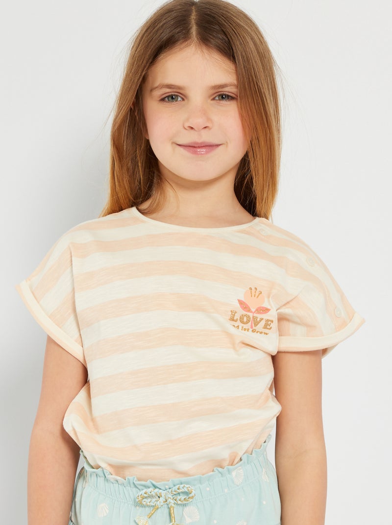 T-shirt en jersey imprimé Rose à rayures - Kiabi