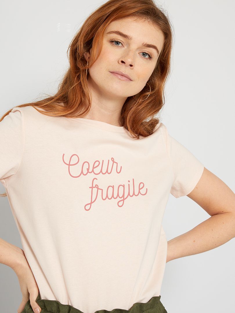 T-shirt en jersey imprimé Rose "fragile" - Kiabi