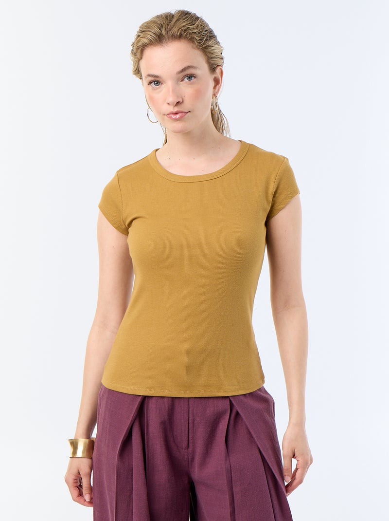 T-shirt en jersey manches courtes côtelé Jaune moutarde - Kiabi