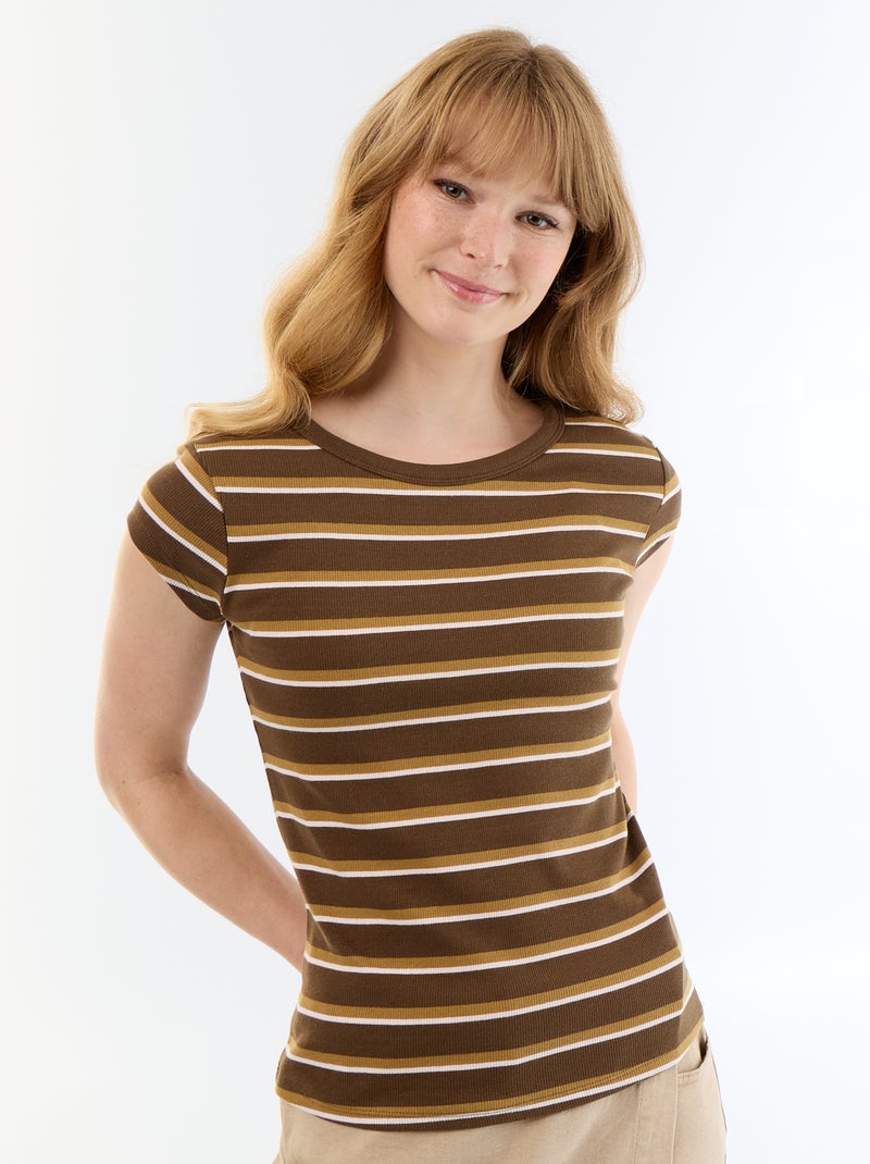 T-shirt en jersey manches courtes côtelé Marron - Kiabi