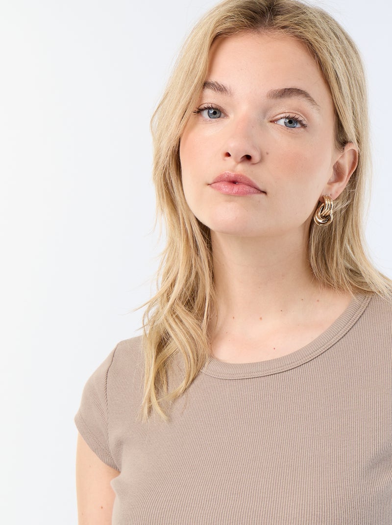 T-shirt en jersey manches courtes côtelé Taupe - Kiabi