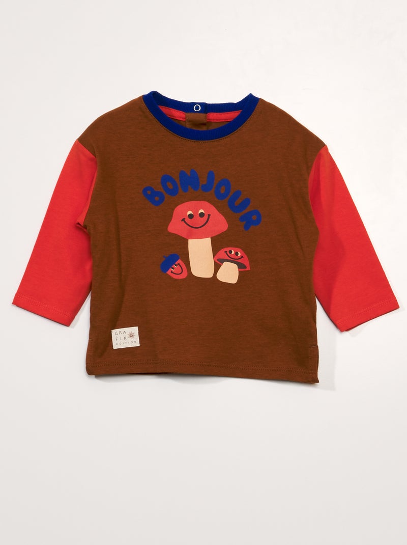 T-shirt en jersey manches longues Marron/rouge - Kiabi
